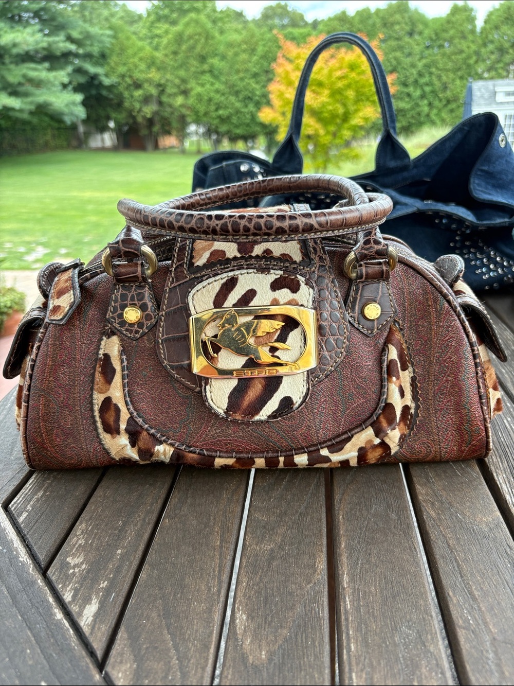 Etro Rare Brown and Cream Animal-Print Satchel with Gold Hardware - Picture 1 of 17